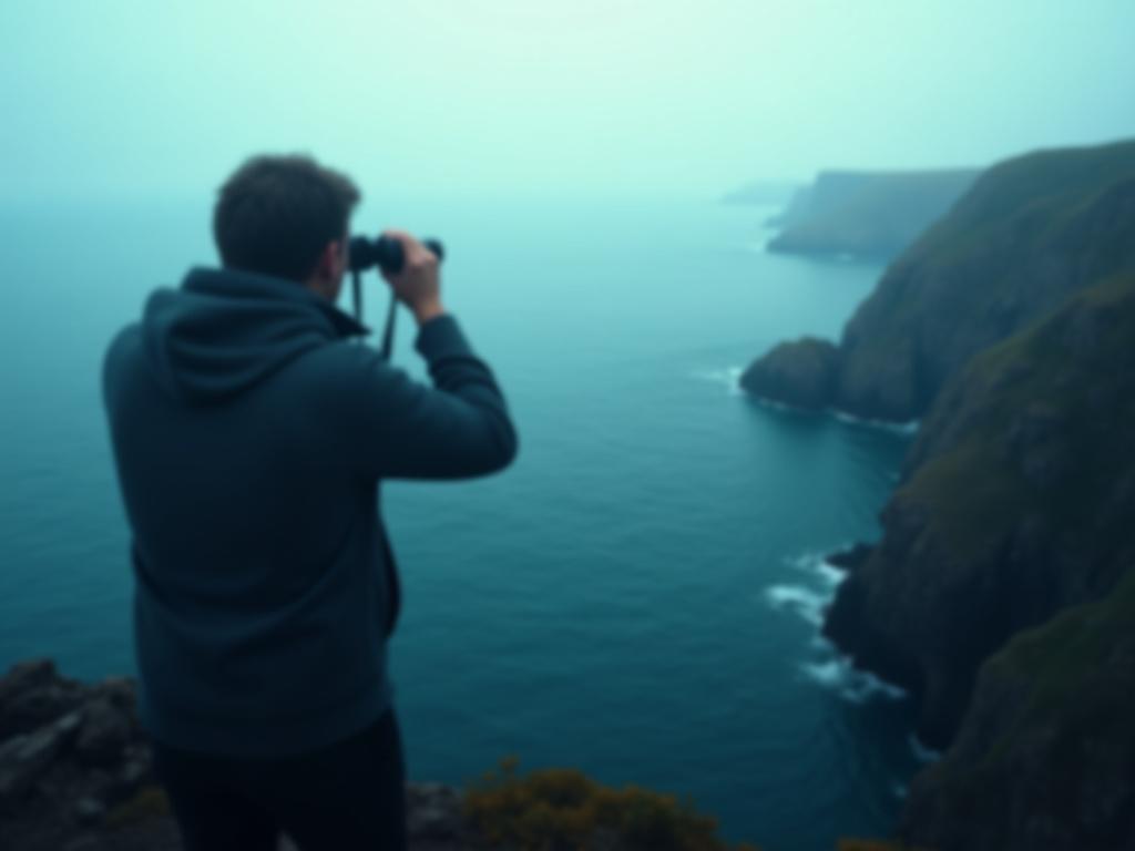 En person bruger en kikkert til at se ud over havet fra en klint.