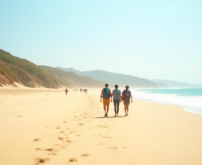 En lille gruppe mennesker, der vandrer langs en strand.